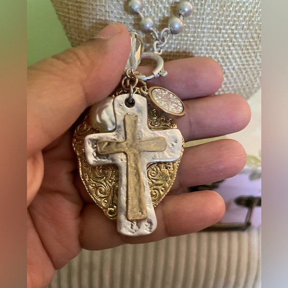 Silver Beaded Necklace with Cross Pendants - Picture 2 of 9